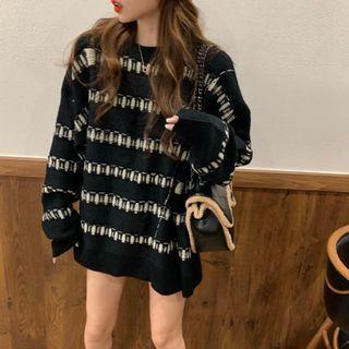 Round-neck Long-sleeve Striped Knit Top As Shown In Figure - One Size