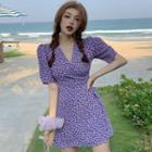 Floral Print Short-sleeve Mini A-line Dress Floral Skirt - Purple - One Size
