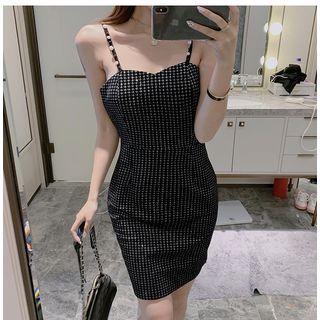 Houndstooth Spaghetti-strap Mini Sheath Dress