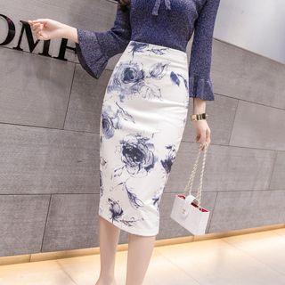 Floral Print Slit-back Midi Pencil Skirt