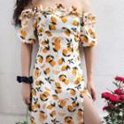 Printed Off-shoulder Ruffled-trim Dress