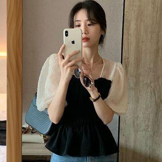 Puff-sleeve Two-tone Peplum Blouse