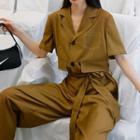 Elbow-sleeve Wide-leg Cargo Jumpsuit