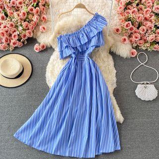 Single Shoulder Ruffle Pinstripe Dress