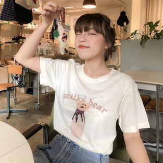 Short-sleeve Bear Print T-shirt Almond - One Size