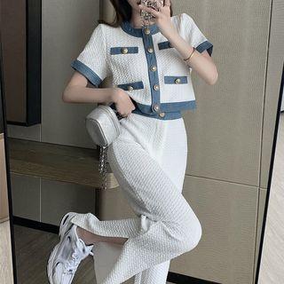 Set : Short-sleeve Contrast Trim Button-up Top / High-waist Wide-leg Slit Pants