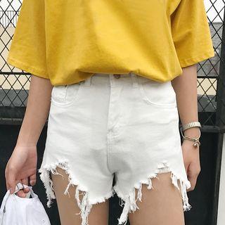 Plain Distressed High-waist Shorts
