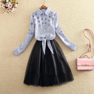 Set: Embroidered Long-sleeve Shirt + Strappy Dress