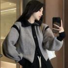 Contrast Trim Cardigan / Slit-hem Bootcut Pants