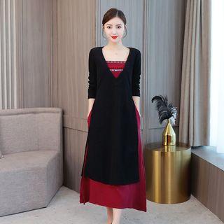 Side Slit Long-sleeve Midi A-line Dress