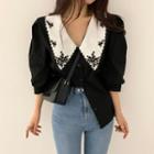 Elbow-sleeve Embroidered Lapel Blouse