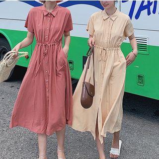 Plain Drawstring Short-sleeve Midi Dress