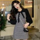 Long-sleeve Bow-front Diamond Print Mini Sheath Dress