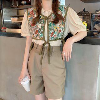 Puff-sleeve Peter Pan-collar Shirt / Wide Leg Shorts / Patterned Tie-strap Vest