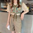 Puff-sleeve Peter Pan-collar Shirt / Wide Leg Shorts / Patterned Tie-strap Vest