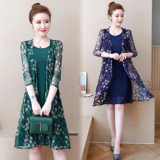 Set: Floral Print Mesh Jacket + Sleeveless A-line Dress