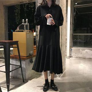 Plain V-neck Long-sleeve Loose-fit Dress Black - One Size