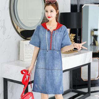 Elbow-sleeve Ripped Hooded Denim Shift Dress