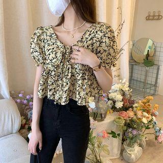 Puff-sleeve Floral Cropped Blouse Floral - Yellow - One Size