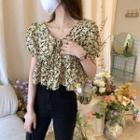 Puff-sleeve Floral Cropped Blouse Floral - Yellow - One Size