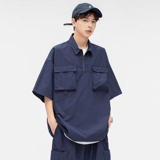 Elbow-sleeve Collar Cargo Shirt