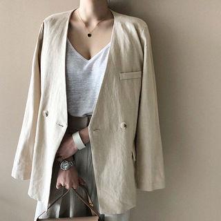 Collarless Double-breasted Linen Blazer