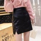 Faux Leather Mini A-line Split Skirt