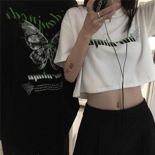 Short-sleeve Lettering Butterfly Cropped T-shirt