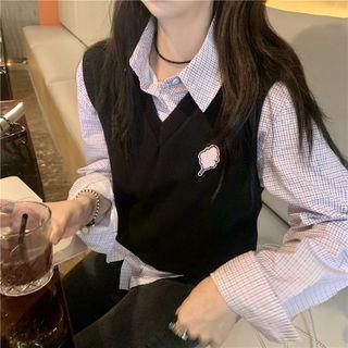 Long Sleeve Plaid Shirt / Patch Knit Vest