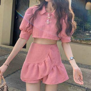 Puff-sleeve Cropped Top / Ruffle Mini Skirt