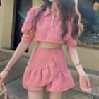 Puff-sleeve Cropped Top / Ruffle Mini Skirt
