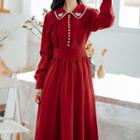Long-sleeve Embroidered Lace Trim A-line Midi Dress