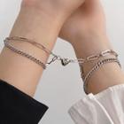Couple Matching Set: Heart Chain Bracelet 1 Pair - Silver - One Size