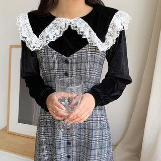 Lace-trim Velvet Blouse Black - One Size