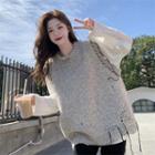 Long-sleeve Plain Loose-fit T-shirt / Distressed Knit Vest