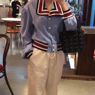 Puff-sleeve Peter Pan Collar Color Block Shirt