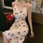 Spaghetti-strap Rose Print Midi A-line Dress