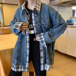 Mock Two Piece Plaid Denim Jacket Denim Blue - One Size