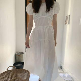 Bow Detail Puff-sleeve Midi A-line Dress White - One Size