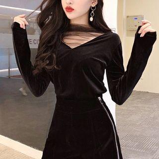 Plain Velvet Panel Mesh Long-sleeve Top