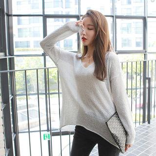 V-neck Long-sleeve Metallic Sheer Knit Top