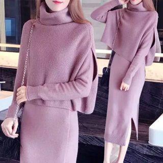 Set: Knit Midi Bodycon Dress + Turtleneck Vest