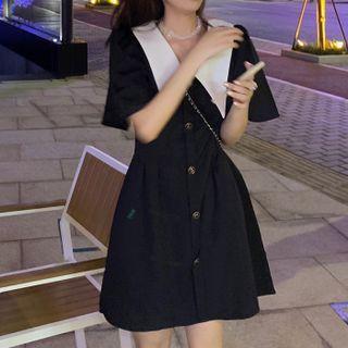 Short-sleeve Chelsea Collar Button-up Mini A-line Dress