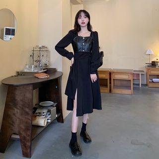 Long-sleeve Irregular A-line Dress / Faux Leather Camisole Top