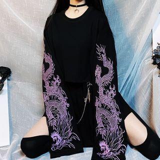 Dragon Embroidered Cropped T-shirt Black - One Size