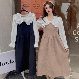 Frilled Collar Blouse / A-line Overall Dress