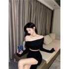 Long-sleeve Off-shoulder Cropped T-shirt / Side-slit Mini Pencil Skirt