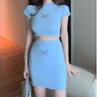 Set: Butterfly Print Ruffle Trim Cropped T-shirt + Butterfly Print Ruffle Trim Mini A-line Skirt
