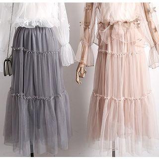 Ruffled-trim Mesh A-line Dress