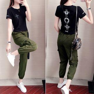 Short-sleeve Graphic Print T-shirt / Harem Cargo Pants / Set